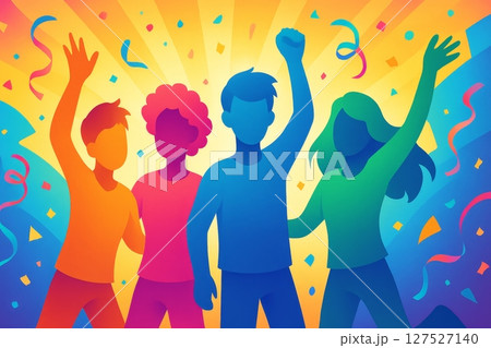 Group of people raising hands and celebrating success together on bright colorful background, flat cartoon illustration Group of people raising hands and celebrating success together on bright colorful background, flat cartoon illustration 127527140