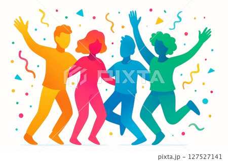 Happy group of diverse people jumping and dancing with raised hands on white background, flat illustration 127527141