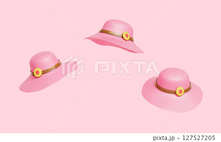 Pink Straw Sun Hat with Floral Decoration. 3D Rendering. 127527205
