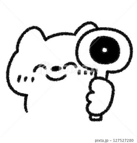 ◯マークのプレートを持ったにっこりネコのゆるかわ手描きイラスト (モノクロ) 127527280