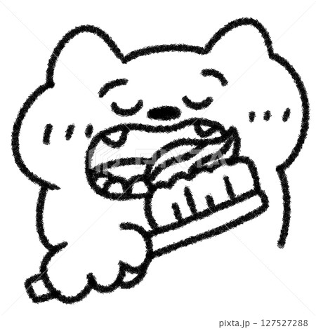 今から歯磨きをするゆるわいいネコの手描きイラスト (モノクロ) 今から歯磨きをするゆるわいいネコの手描きイラスト (モノクロ) 127527288