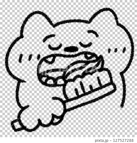 今から歯磨きをするゆるわいいネコの手描きイラスト (モノクロ) 今から歯磨きをするゆるわいいネコの手描きイラスト (モノクロ) 127527288