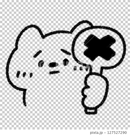 ×マークのプレートを持った困り顔のネコのゆるかわ手描きイラスト (モノクロ) ×マークのプレートを持った困り顔のネコのゆるかわ手描きイラスト (モノクロ) 127527290