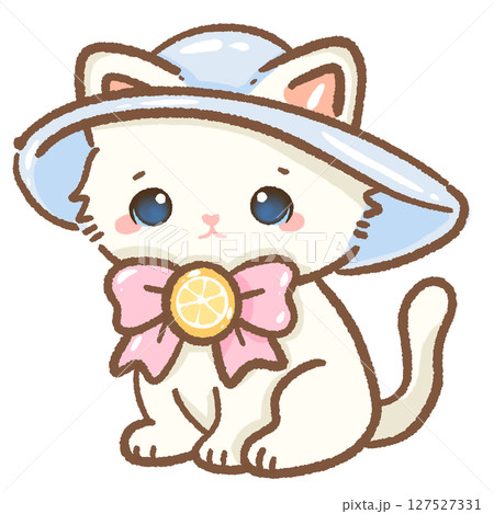 Cute Kawaii White Cat sitting wearing a lemon ribbon and a sun hat Summer Clipart for Amalfi Coast, Travel Art, Stickers, Scrapbooking, Kids Designs, Coastal Holiday Decor 127527331