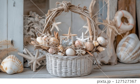 Driftwood seashells basket enhances coastal interior decoration in beach house with natural textures and seaside charm, creating inviting atmosphere 127527367