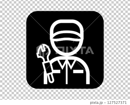 A simple square monochrome outline illustration icon of a mechanic holding a spanner A simple square monochrome outline illustration icon of a mechanic holding a spanner 127527371