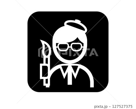 絵筆を持った画家のシンプルな四角いモノクロ白抜きイラストアイコン 127527375