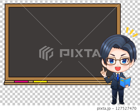 一名戴著眼鏡、穿著西裝的男子和一塊黑板的插畫素材 一名戴著眼鏡、穿著西裝的男子和一塊黑板的插畫素材 127527470