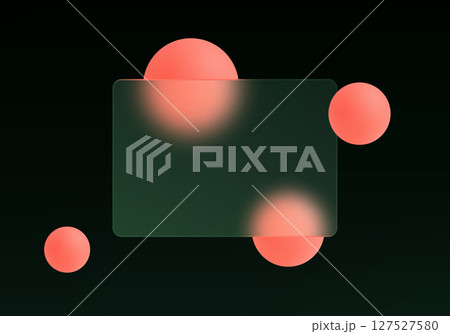 Minimalistic glass morphic design with dark green matte bank card and soft coral 3D spheres, perfect for fintech, UI or payment card visualizations. 127527580