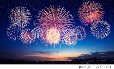夜空に輝く綺麗で美しい打ち上げ花火のイメージ 余白 16:9サイズ AI生成素材 127527594