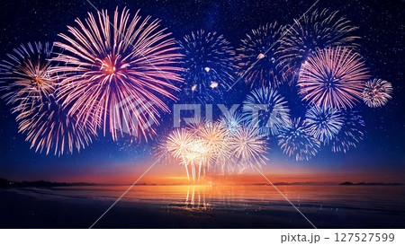 夜空に輝く綺麗で美しい打ち上げ花火のイメージ 余白 16:9サイズ AI生成素材 127527599