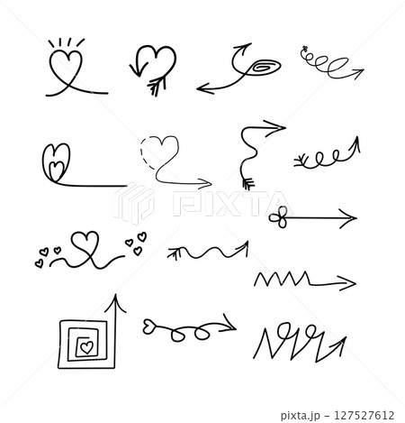 Hand drawn arrow and heart line elements. Signs and drawing pen effects. Decorative pencil curved symbols and shapes. Vector set 127527612