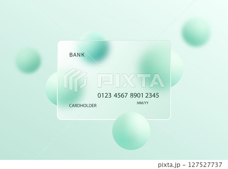 Glass morphism style banking card with floating green spheres Glass morphism style banking card with floating green spheres 127527737