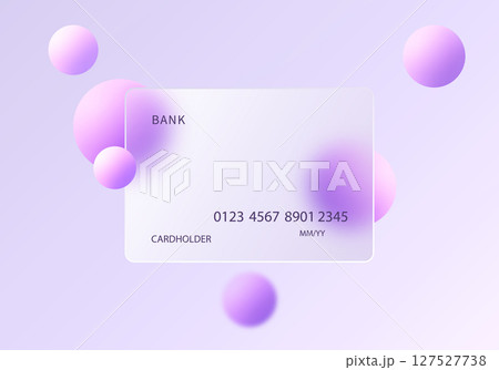 Modern vector credit card in glass morphism style with floating purple and pink spheres on a pastel background. Ideal for digital banking visuals. 127527738
