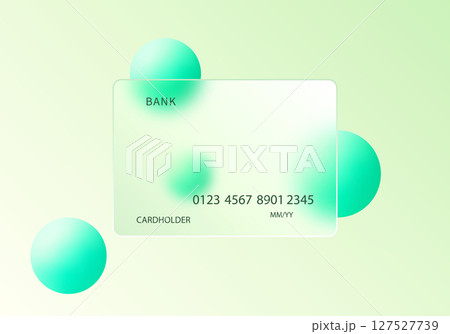 Glass morphism bank card with mint green floating spheres Glass morphism bank card with mint green floating spheres 127527739