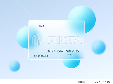 Glass morphism style credit card with floating blue spheres Glass morphism style credit card with floating blue spheres 127527740