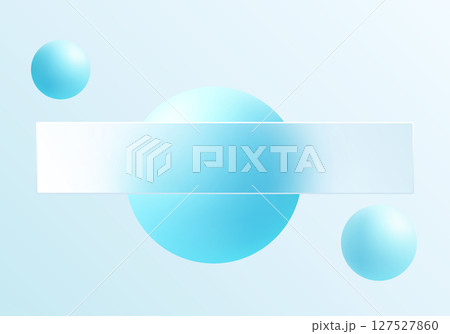 Minimalistic glass morphism banner in soft blue tones with glowing 3D spheres on a light gradient background 127527860