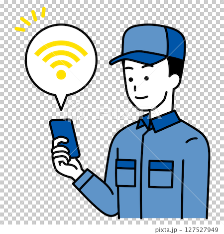 Wi-Fiに繋がっているスマートフォンを持つつなぎ作業服の男性 Wi-Fiに繋がっているスマートフォンを持つつなぎ作業服の男性 127527949