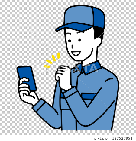 一名身穿工作服的男子一邊看著智慧型手機螢幕,一邊揮拳歡呼 一名身穿工作服的男子一邊看著智慧型手機螢幕,一邊揮拳歡呼 127527951
