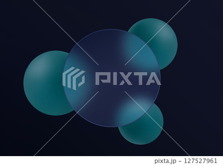 Minimalistic dark interface with a central circular panel in the style of glass morphism and smooth turquoise 3D spheres on a deep gradient background. 127527961