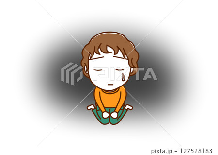 （全身正面）悲しいことがあり座り込んで涙を流し落ち込む白人少年 127528183