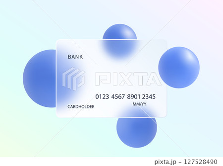 White frosted glass credit card with blue 3D spheres on soft pastel gradient background. 127528490