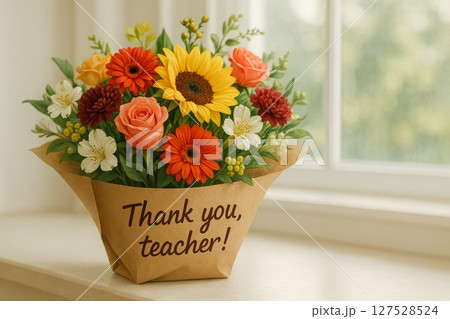 Flower bouquet with Thank you, teacher text on craft paper wrap placed on windowsill in bright interior 127528524