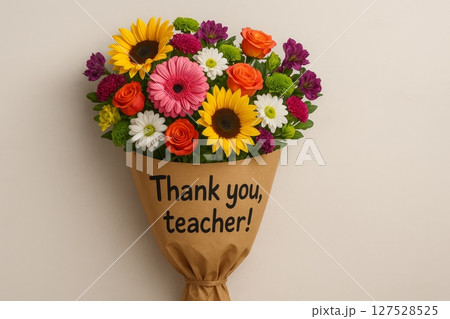Bouquet with multicolored flowers in craft paper with text Thank you, teacher on neutral background 127528525