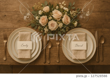 Wedding table setting with name cards, plates, cutlery, and floral centerpiece on rustic wooden surface, top view 127528566