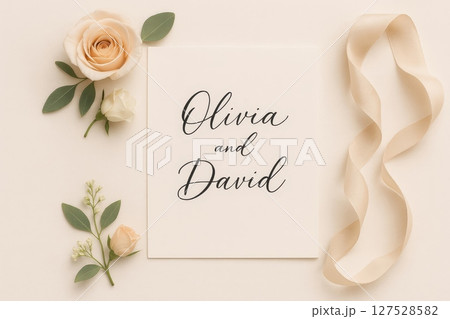 Wedding invitation card with Olivia and David text, ribbon, roses and greenery on beige background, flat lay composition Wedding invitation card with Olivia and David text, ribbon, roses and greenery on beige background, flat lay composition 127528582