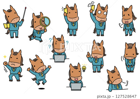 スーツ姿で働く馬のキャラクターのイラストセット スーツ姿で働く馬のキャラクターのイラストセット 127528647