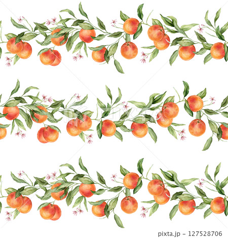 Seamless pattern with watercolor illustration of grapefruit with pink flowers. Hand painted print with grapefruit branche with green leaves on isolated. Citrus food for wrapping paper, textile design 127528706