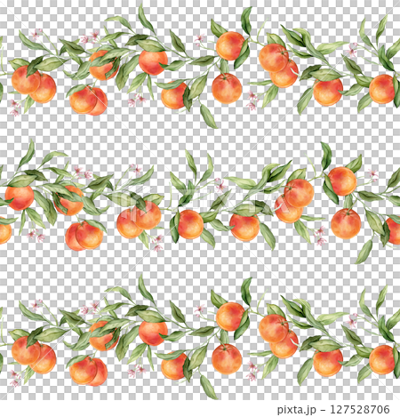 Seamless pattern with watercolor illustration of grapefruit with pink flowers. Hand painted print with grapefruit branche with green leaves on isolated. Citrus food for wrapping paper, textile design 127528706