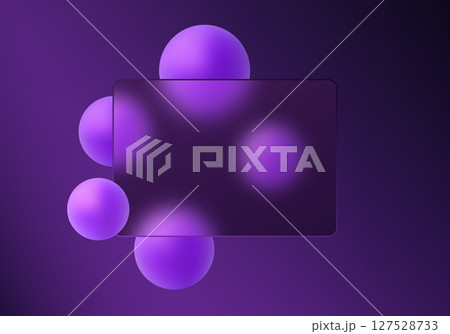 Modern glass morphism UI style with soft violet spheres and dark translucent panel on a gradient purple background. 127528733