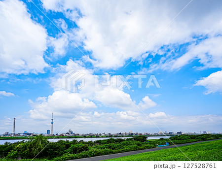 爽やかな青空と葛飾四つ木の荒川河川敷 爽やかな青空と葛飾四つ木の荒川河川敷 127528761
