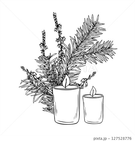 Scandinavian Christmas monochrome vector illustration painted by black inks. Candles in glass cups with fir branches and heather. For holiday design, festive decor, spa and wellness, aromatherapy. Scandinavian Christmas monochrome vector illustration painted by black inks. Candles in glass cups with fir branches and heather. For holiday design, festive decor, spa and wellness, aromatherapy. 127528776
