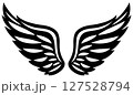 Symmetrical black angel wings with tribal style lines and curved feather shapes on white background 127528794