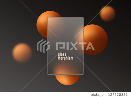 Glassmorphism card with orange spheres on dark background 127528821