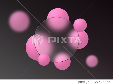 Futuristic glass morphism layout with central translucent circle and soft glowing pink spheres on a dark background 127528822