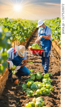farmers working with a harvest of cabbage in field 127528872