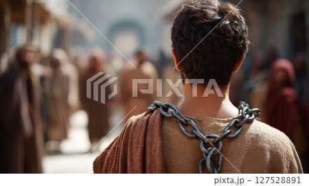 Young caucasian male with chain in historical street scene. 127528891