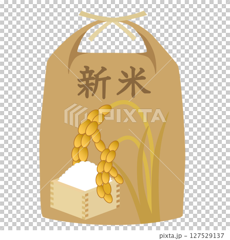 A new rice bag with a design of ears of rice and rice in a measuring box A new rice bag with a design of ears of rice and rice in a measuring box 127529137