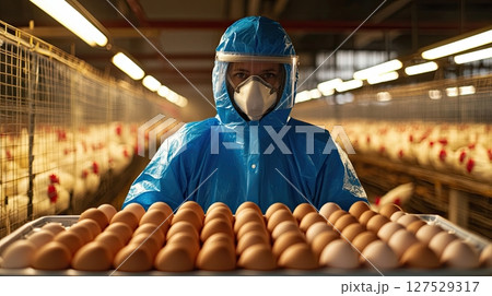 Poultry farm quality control with eggs and worker in hazmat suit ensuring food safety Poultry farm quality control with eggs and worker in hazmat suit ensuring food safety 127529317