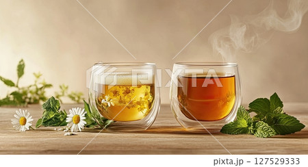 Chamomile and mint herbal tea in double glass cups 127529333