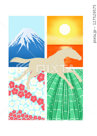 走る馬と富士山・海の日の出・梅・竹の背景 走る馬と富士山・海の日の出・梅・竹の背景 127529575