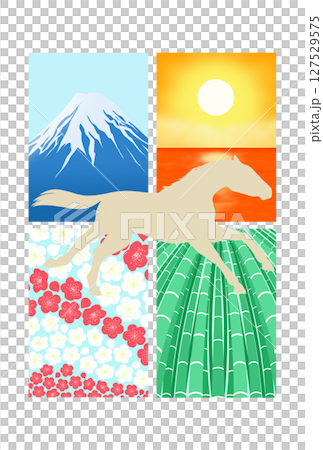 走る馬と富士山・海の日の出・梅・竹の背景 走る馬と富士山・海の日の出・梅・竹の背景 127529575