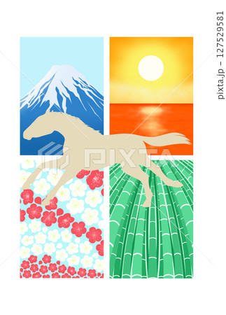 走る馬と富士山・海の日の出・梅・竹の背景 127529581