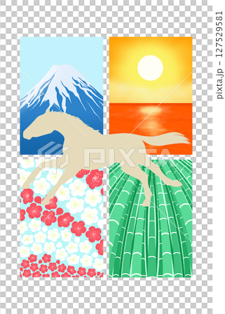 走る馬と富士山・海の日の出・梅・竹の背景 127529581