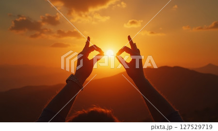 Hands against the sun at sunset over the mountains. Silhouette against golden sky. Concept of energy, balance, and mindfulness 127529719