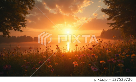 Sunset over lake with wildflowers in foreground. Golden light reflecting on water, misty horizon, and trees framing peaceful nature scene 127529720